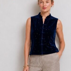 Vintage Ralph by Ralph Lauren Navy Silk Blend Velvet Beaded Mandarin Vest Medium
